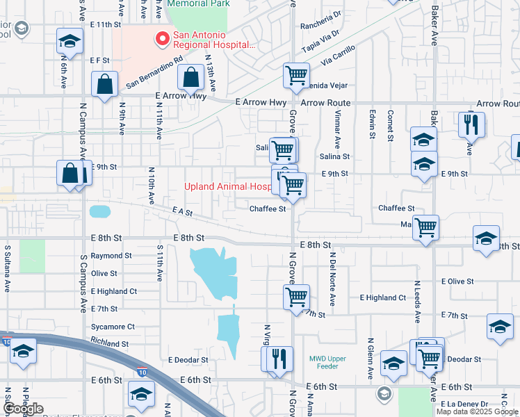 map of restaurants, bars, coffee shops, grocery stores, and more near 1434 Chaffee Street in Upland