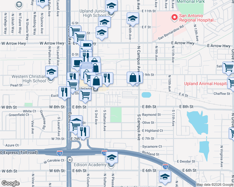 map of restaurants, bars, coffee shops, grocery stores, and more near 148 Royal Way in Upland