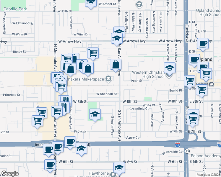 map of restaurants, bars, coffee shops, grocery stores, and more near 142 Mercer Way in Upland