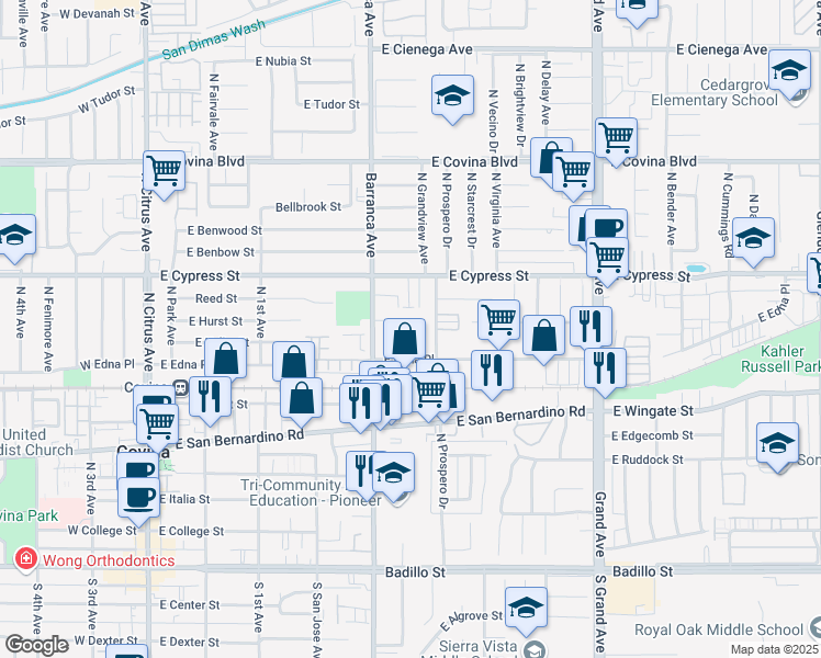 map of restaurants, bars, coffee shops, grocery stores, and more near 545 East Edna Place in Covina