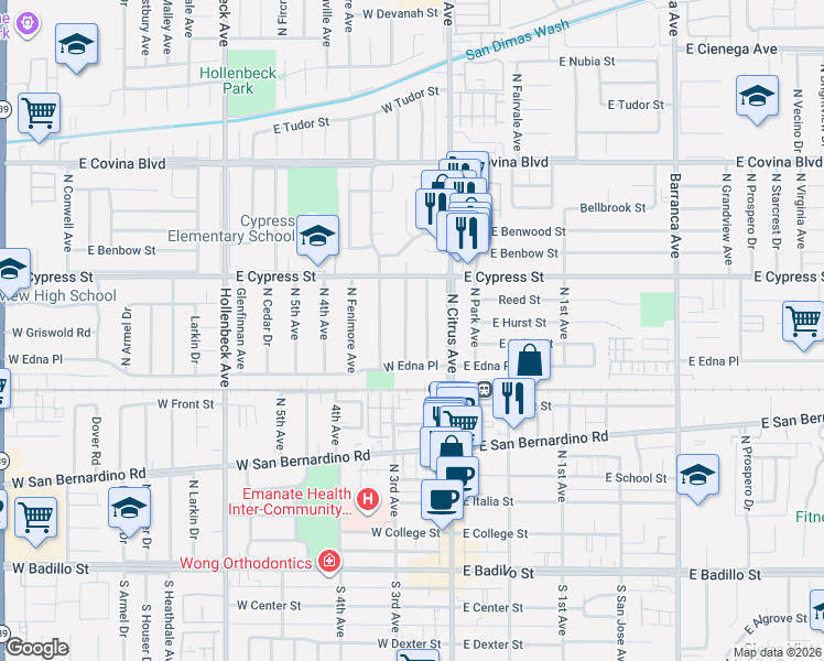 map of restaurants, bars, coffee shops, grocery stores, and more near 740 North Viceroy Avenue in Covina