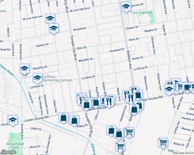 map of restaurants, bars, coffee shops, grocery stores, and more near 5031 Kauffman Avenue in Temple City