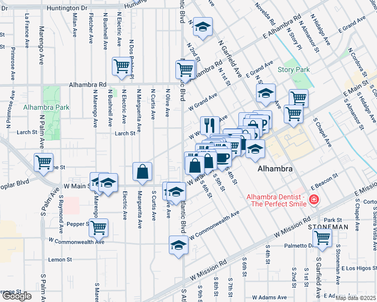 map of restaurants, bars, coffee shops, grocery stores, and more near 112 North Atlantic Boulevard in Alhambra
