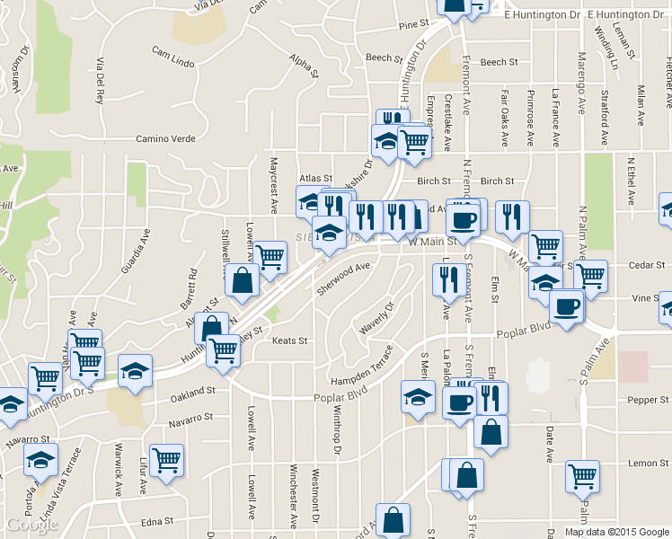 map of restaurants, bars, coffee shops, grocery stores, and more near 3106 Sherwood Avenue in Alhambra