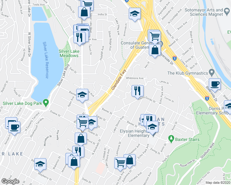map of restaurants, bars, coffee shops, grocery stores, and more near 2103 Oak Glen Place in Los Angeles