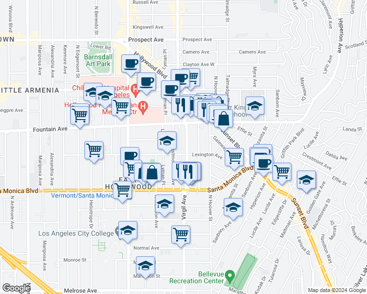 map of restaurants, bars, coffee shops, grocery stores, and more near 1201 North Virgil Avenue in Los Angeles