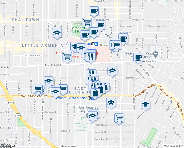 map of restaurants, bars, coffee shops, grocery stores, and more near 1211 North Vermont Avenue in Los Angeles
