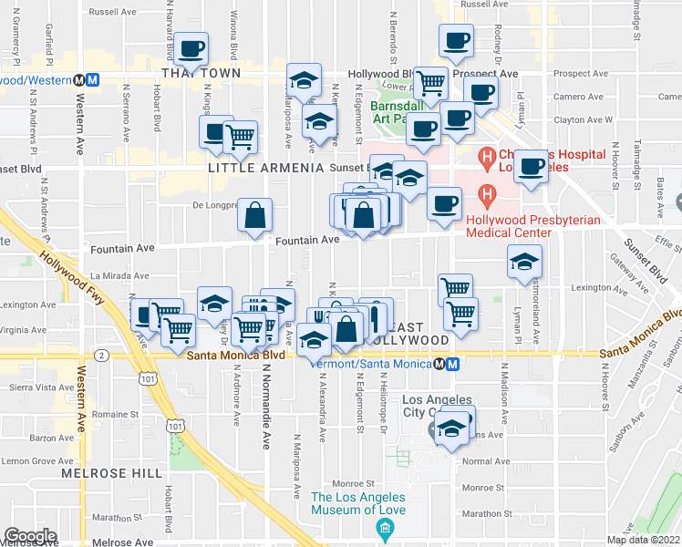 map of restaurants, bars, coffee shops, grocery stores, and more near 1201 North Kenmore Avenue in Los Angeles