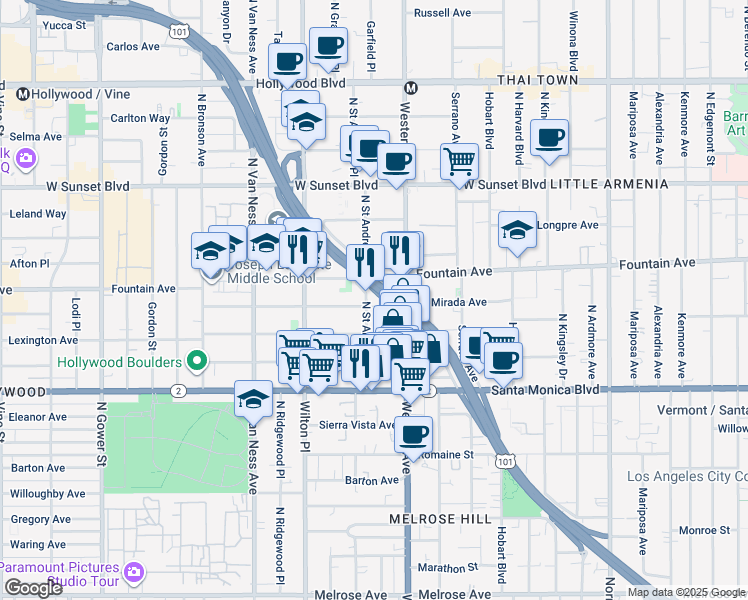 map of restaurants, bars, coffee shops, grocery stores, and more near 5602 La Mirada Avenue in Los Angeles