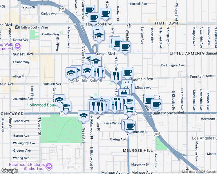 map of restaurants, bars, coffee shops, grocery stores, and more near 5642 La Mirada Avenue in Los Angeles