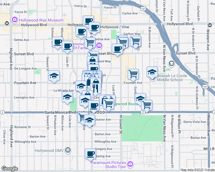 map of restaurants, bars, coffee shops, grocery stores, and more near 6204 La Mirada Avenue in Los Angeles