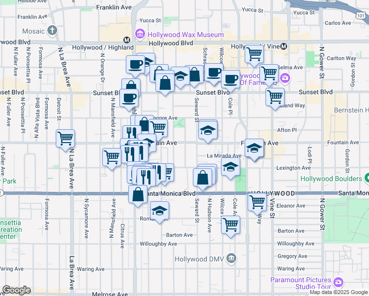 map of restaurants, bars, coffee shops, grocery stores, and more near 1234 North Cherokee Avenue in Los Angeles