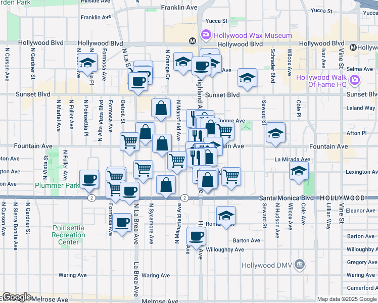 map of restaurants, bars, coffee shops, grocery stores, and more near 1229 North Citrus Avenue in Los Angeles
