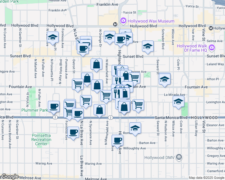 map of restaurants, bars, coffee shops, grocery stores, and more near 1229 North Citrus Avenue in Los Angeles