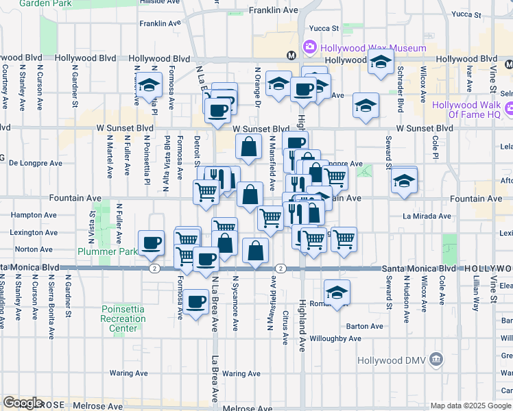 map of restaurants, bars, coffee shops, grocery stores, and more near 1229 North Mansfield Avenue in Los Angeles