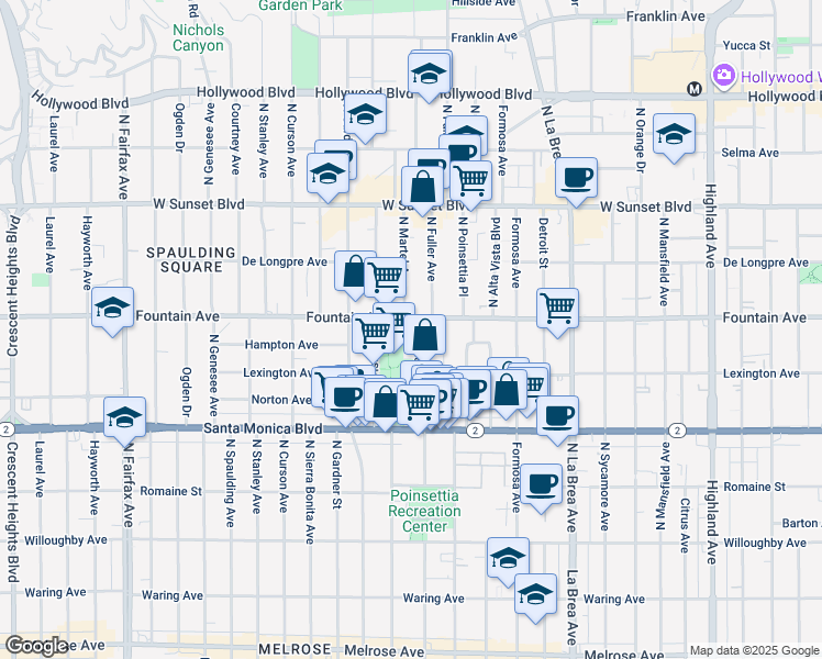 map of restaurants, bars, coffee shops, grocery stores, and more near 1236 1/2 North Fuller Avenue in West Hollywood