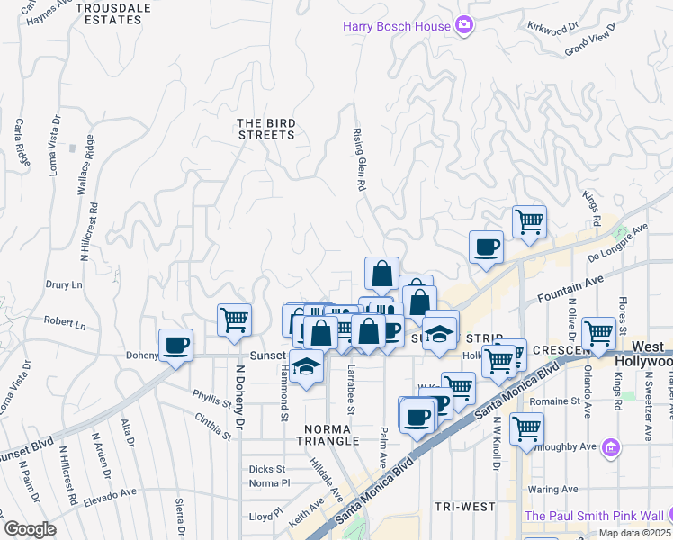 map of restaurants, bars, coffee shops, grocery stores, and more near 1314 Ozeta Terrace in Los Angeles