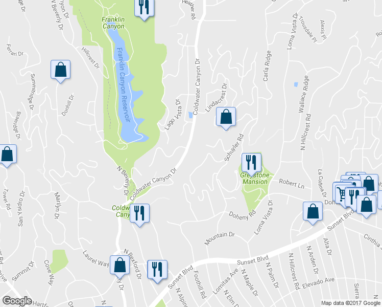 map of restaurants, bars, coffee shops, grocery stores, and more near 1138 Coldwater Canyon Drive in Beverly Hills