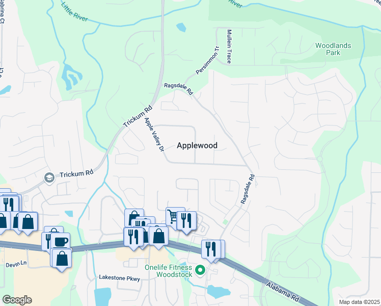 map of restaurants, bars, coffee shops, grocery stores, and more near 232 Apple Branch Drive in Woodstock