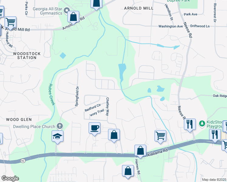map of restaurants, bars, coffee shops, grocery stores, and more near 265 Edinburgh Lane in Woodstock