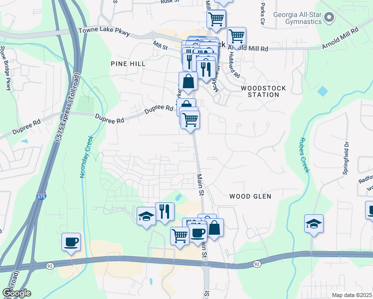 map of restaurants, bars, coffee shops, grocery stores, and more near 9114 Main Street in Woodstock