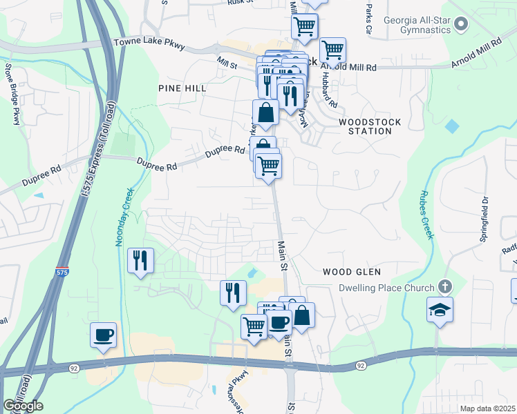 map of restaurants, bars, coffee shops, grocery stores, and more near 217 Napa Drive in Woodstock
