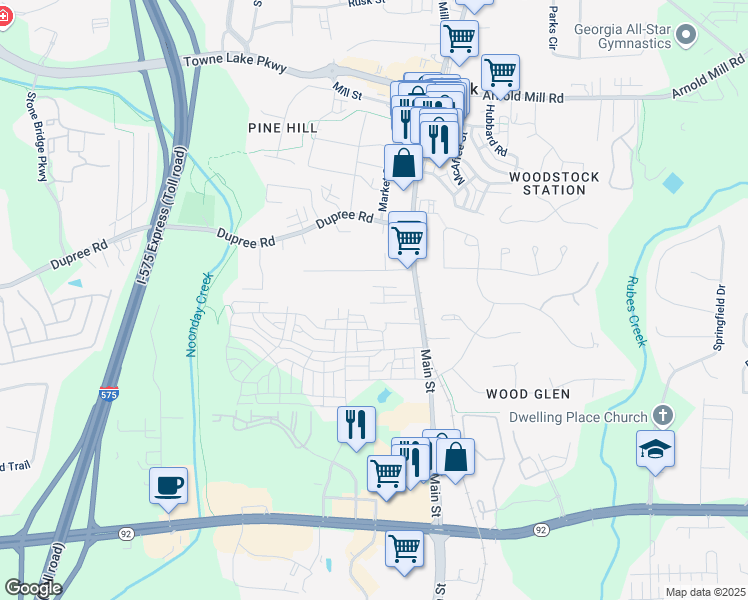 map of restaurants, bars, coffee shops, grocery stores, and more near 308 Chardonnay Way in Woodstock