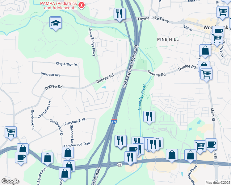 map of restaurants, bars, coffee shops, grocery stores, and more near 613 Stickley Oak Way in Woodstock