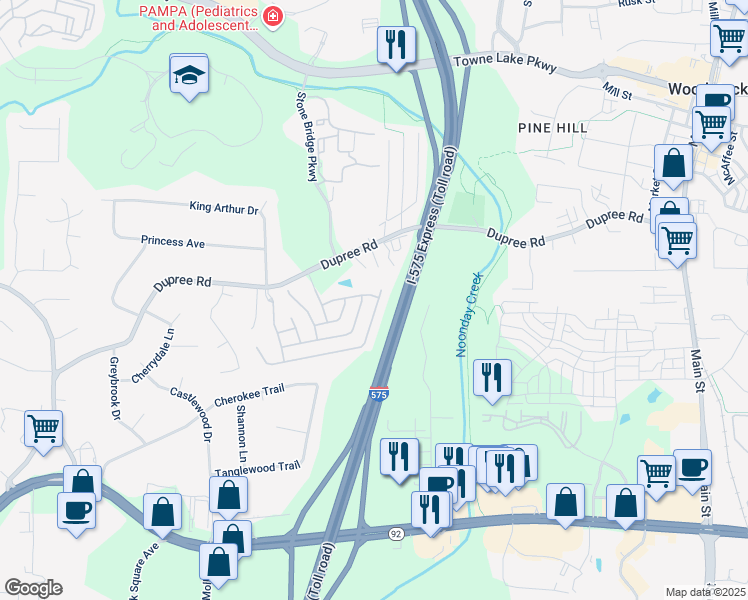 map of restaurants, bars, coffee shops, grocery stores, and more near 620 Stickley Oak Way in Woodstock