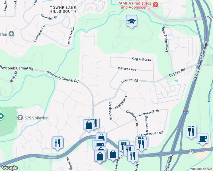 map of restaurants, bars, coffee shops, grocery stores, and more near 409 Katherine Lane in Woodstock