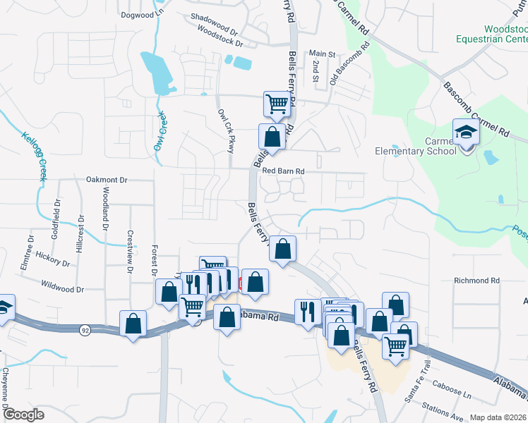 map of restaurants, bars, coffee shops, grocery stores, and more near 202 Oakleaf Drive in Acworth
