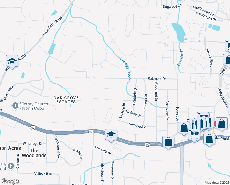 map of restaurants, bars, coffee shops, grocery stores, and more near 1573 Deerwood Lane in Acworth
