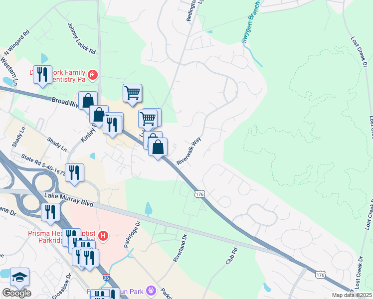 map of restaurants, bars, coffee shops, grocery stores, and more near 101 Riverwalk Way in Irmo