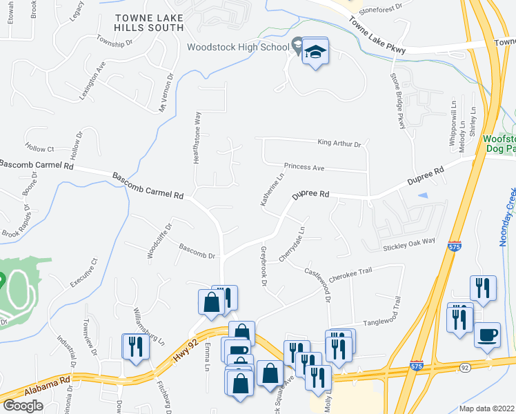 map of restaurants, bars, coffee shops, grocery stores, and more near 409 Katherine Lane in Woodstock