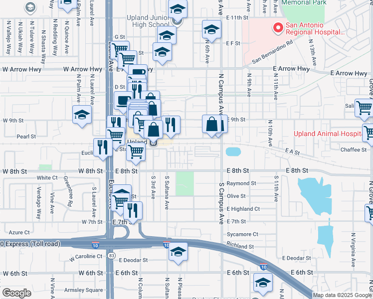 map of restaurants, bars, coffee shops, grocery stores, and more near 148 Royal Way in Upland