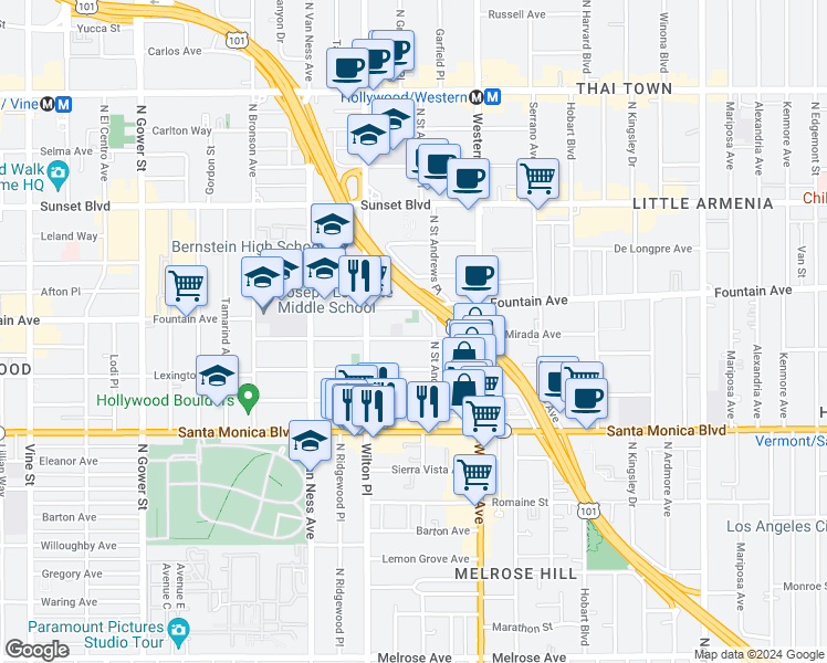 map of restaurants, bars, coffee shops, grocery stores, and more near 5621 La Mirada Avenue in Los Angeles