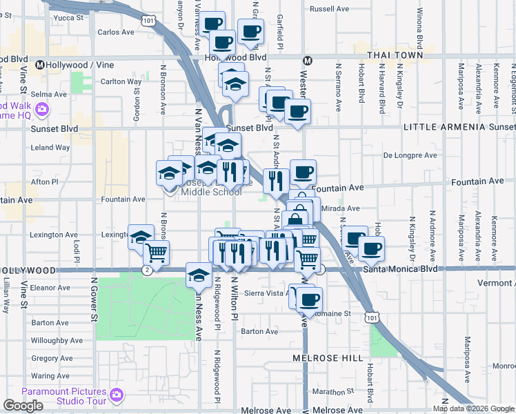 map of restaurants, bars, coffee shops, grocery stores, and more near 5633 La Mirada Avenue in Los Angeles