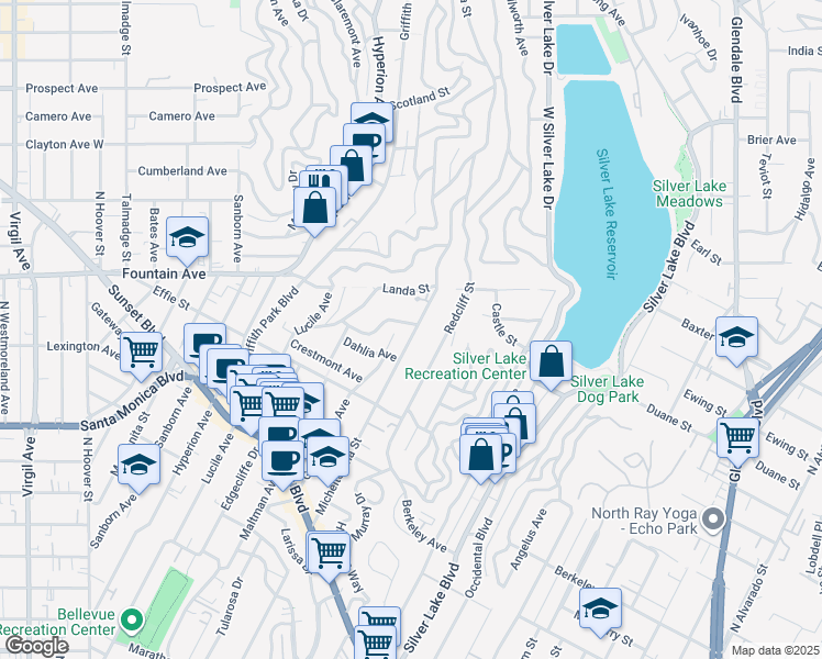 map of restaurants, bars, coffee shops, grocery stores, and more near 3400 Carnation Avenue in Los Angeles