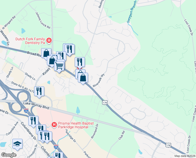 map of restaurants, bars, coffee shops, grocery stores, and more near 97 Riverwalk Way in Irmo