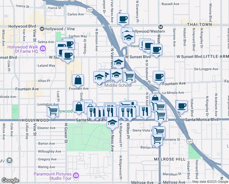 map of restaurants, bars, coffee shops, grocery stores, and more near 5752 La Mirada Avenue in Los Angeles