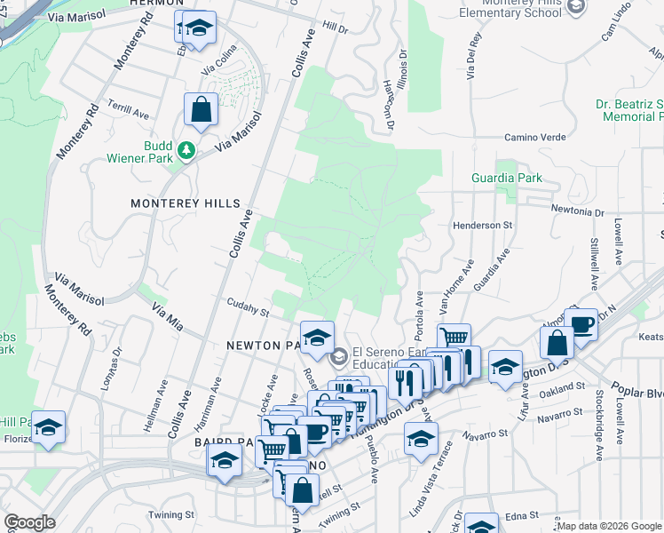 map of restaurants, bars, coffee shops, grocery stores, and more near Drysdale Avenue in Los Angeles