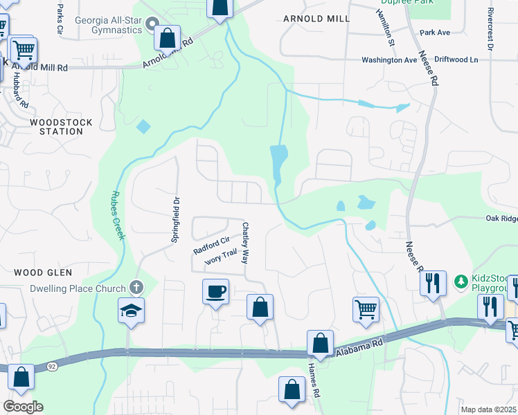map of restaurants, bars, coffee shops, grocery stores, and more near 265 Edinburgh Lane in Woodstock