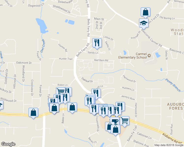 map of restaurants, bars, coffee shops, grocery stores, and more near 133 Tyson Woods Road in Acworth