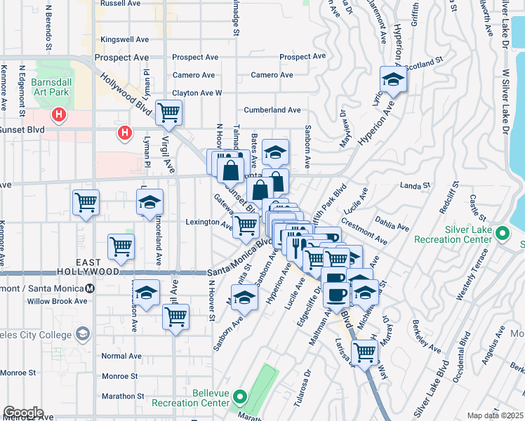 map of restaurants, bars, coffee shops, grocery stores, and more near 4111 West Sunset Boulevard in Los Angeles