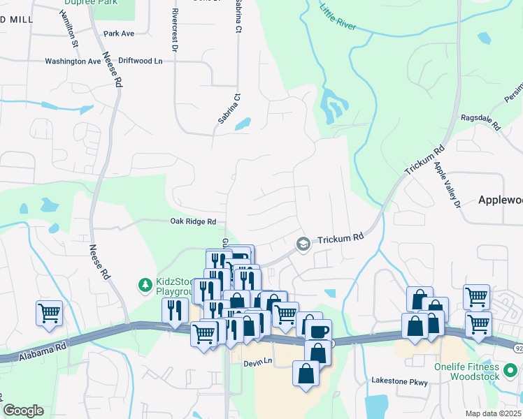 map of restaurants, bars, coffee shops, grocery stores, and more near 524 Drifton Way in Woodstock