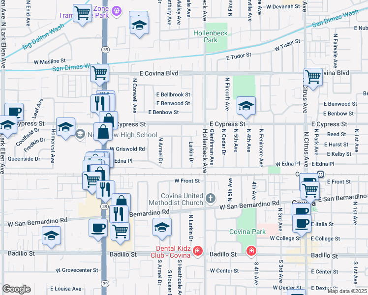 map of restaurants, bars, coffee shops, grocery stores, and more near 4508 North Heathdale Avenue in Covina