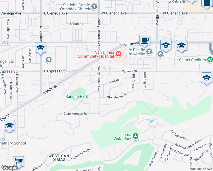 map of restaurants, bars, coffee shops, grocery stores, and more near 1456 Windsor Drive in San Dimas