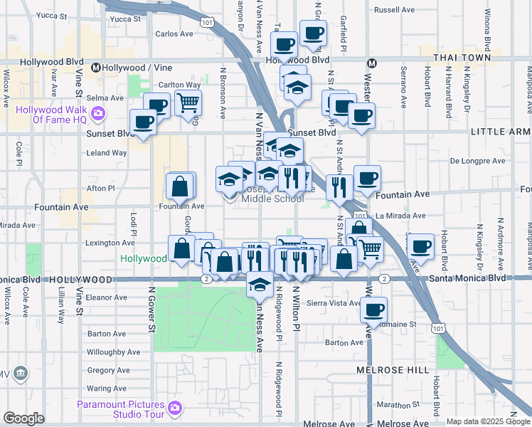 map of restaurants, bars, coffee shops, grocery stores, and more near 5757 La Mirada Avenue in Los Angeles