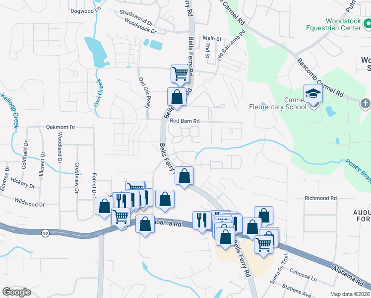 map of restaurants, bars, coffee shops, grocery stores, and more near 122 Tyson Woods Road in Acworth
