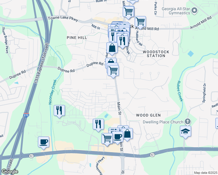 map of restaurants, bars, coffee shops, grocery stores, and more near 217 Napa Drive in Woodstock